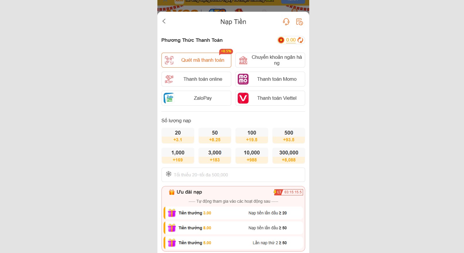 Hướng dẫn cách nạp tiền ax88 miễn phí và an toàn 1 Giao diện trang nạp tiền ax88 qua phương thức quét mã thanh toán