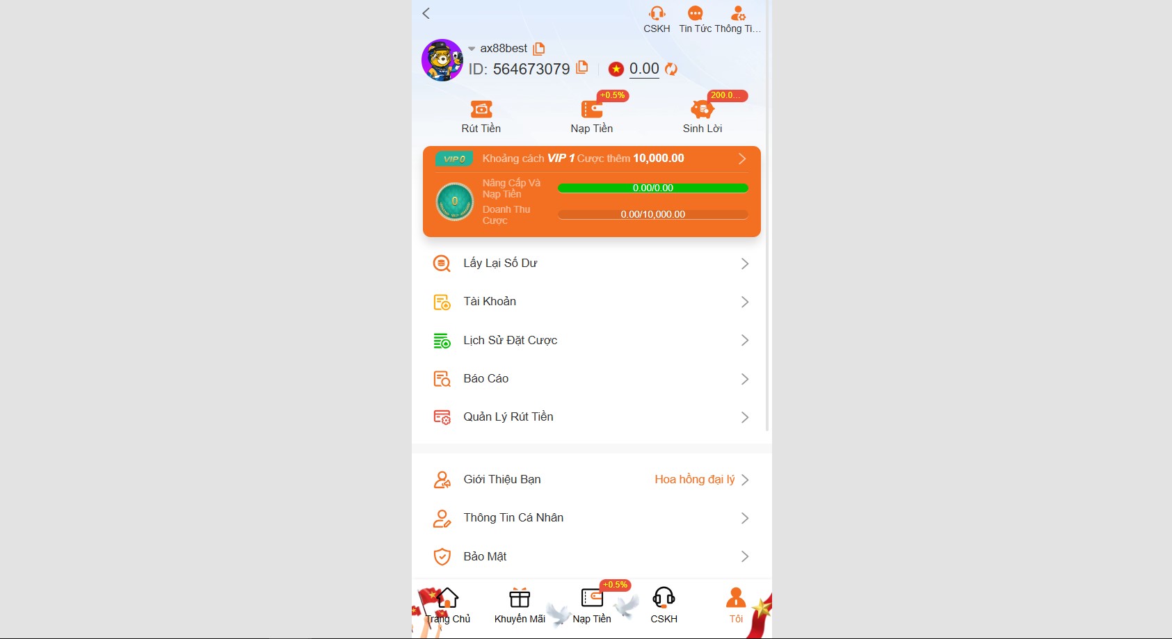 Hướng dẫn cách rút tiền ax88 dành cho tân thủ 2025 1 Giao diện trang tài khoản, nơi vào trang rút tiền AX88